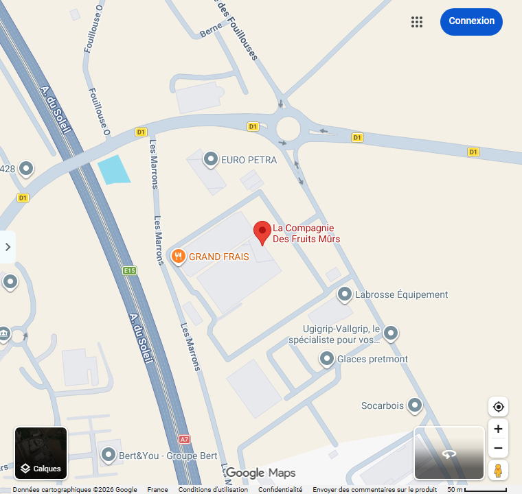 Plan Google Maps d’accès à La Compagnie des Fruits Mûrs, route des Fouillouses à Albon