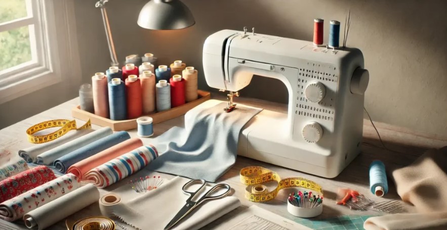 Machine à coudre, fils et tissus dans un atelier de confection